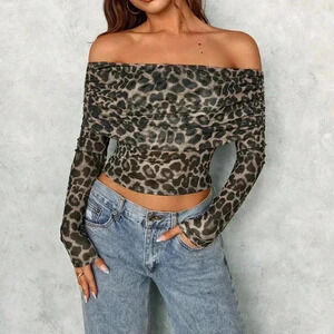Multicolor Casual Women's Leopard Print Off-Shoulder Form-Fitting Top